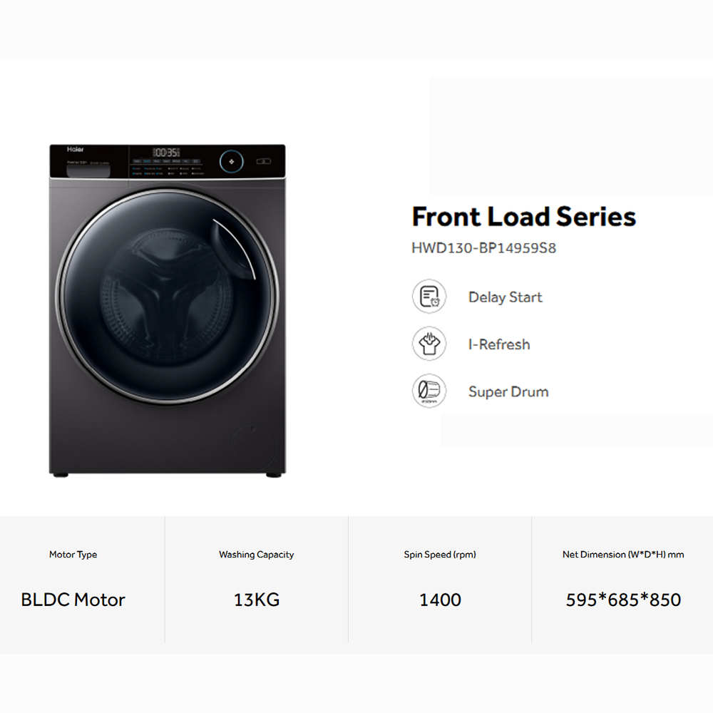 HAIER 13KG/8KG Front Load Super Inverter Washer Dryer HWD130-BP14959S8 | BLDC Inverter | 525mm XL Drum | I-Refresh