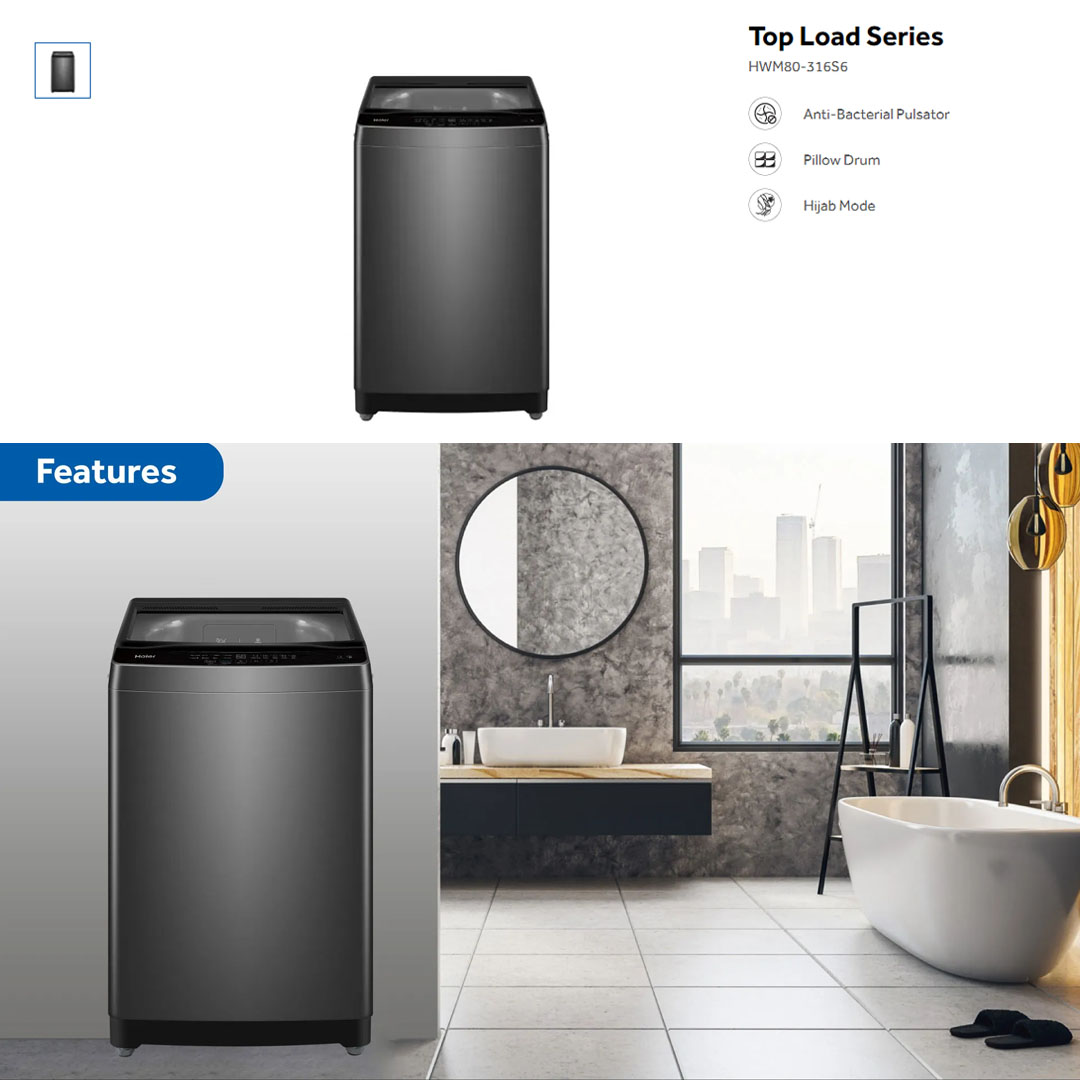 HAIER 8KG Top Load Inverter Washing Machine HWM80-316S6 | Anti-Bacterial Pulsator | Auto Restart | Hijab Mode | Pillow Drum | Washing Machine with 2 Years Warranty