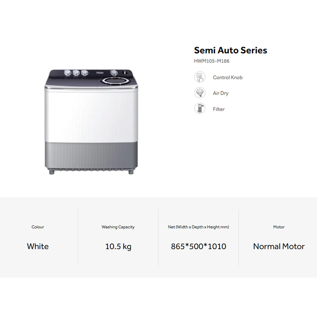HAIER 10.5KG/15KG Semi Auto Washing Machine HWM105-M186/HWM150-M186 | High Rib Agitator | Water Inlet Selection | Soak Wash | Air Dry | Transparent Lid | Easy Clean Filter | Washing Machine with 2 Year Warranty
