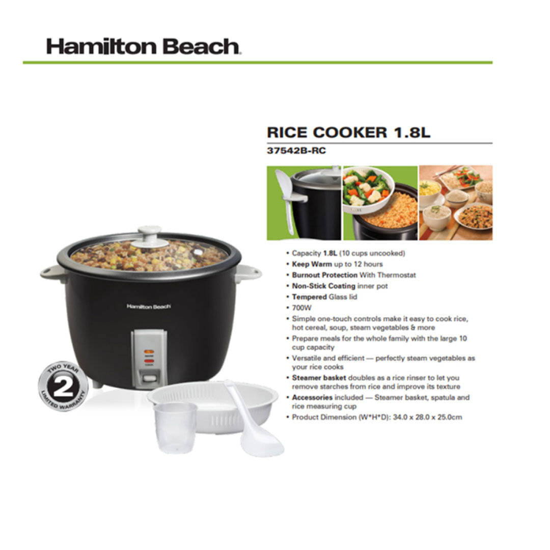 HAMILTON BEACH 1.8L Rice Cooker & Steamer 37542B-RC | Non-Stick Coating Inner Pot | Keep Warm up to 12 hours | Burnout Protection With Thermostat | Rice Cooker with  2 Years Warranty
