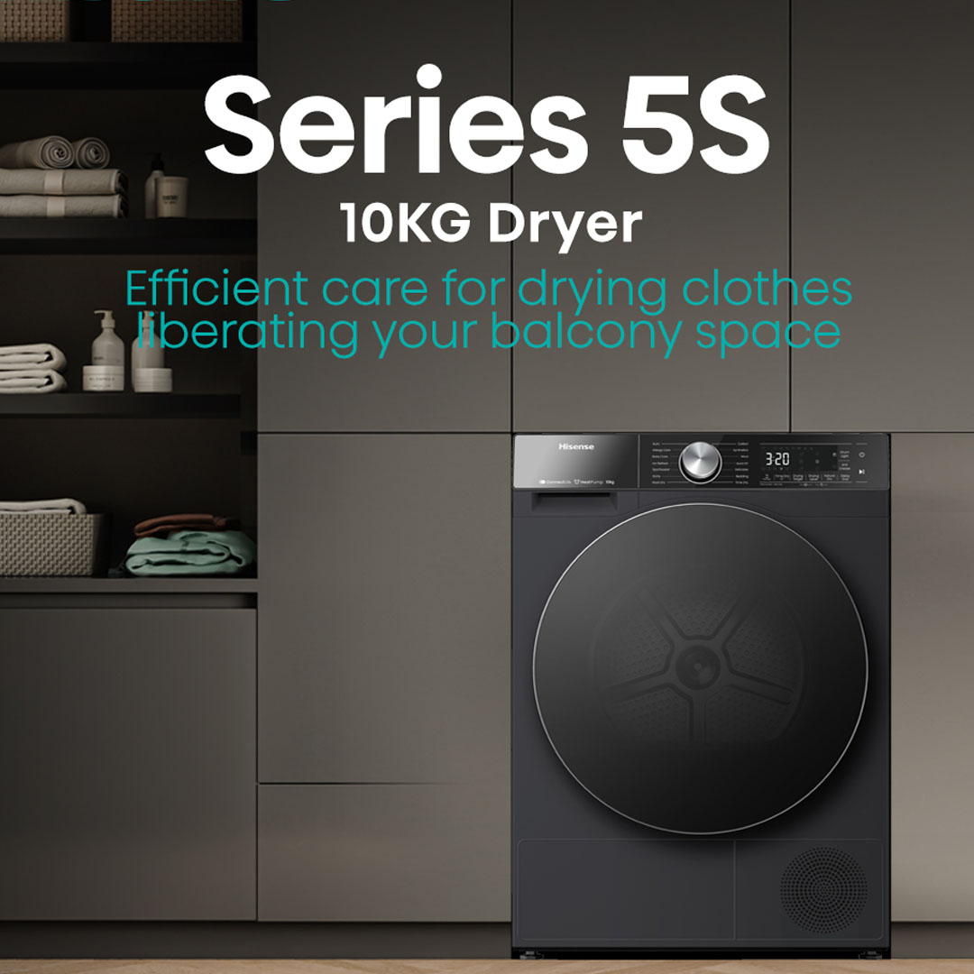 HISENSE 10KG Heat Pump Dryer DH5S1095UB | Buzzer  Electronic Control | Button Program Selection | Heat Pump Drying | Transparent Door | Dryer with 2 Years Warranty