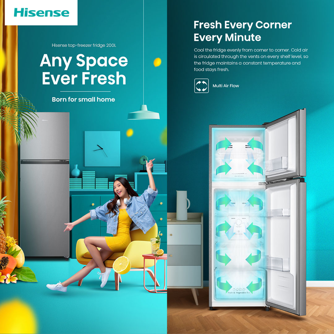 HISENSE 200L 2 Doors Top Mount Non Inverter Refrigerator RT208N4ASN | 90° Door Design | LED Lighting :Illuminate Every Corner | Big Door Balcony | Multi Air Flow | Refrigerator with 2 Years Warranty