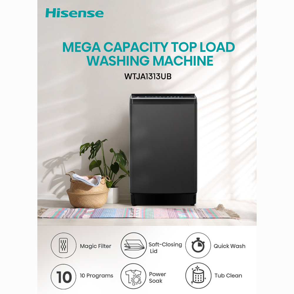 HISENSE 13KG Top Load Washing Machine Premium WTJA1313UB | One Touch AI Wash | 10 Preset Programs | Turbo Wash