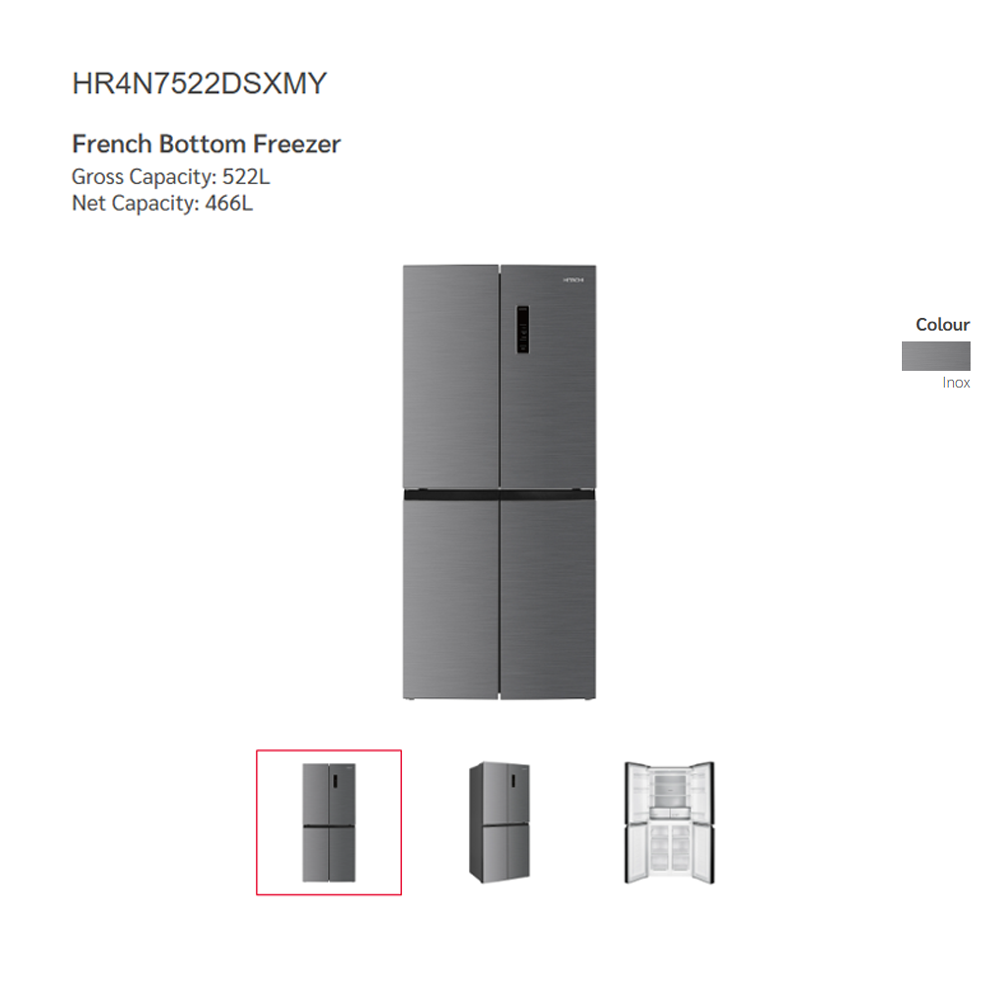 Hitachi 522L Inverter 4 Doors French Bottom Multi Doors Refrigerator HR4N7522DSXMY | Selectable Zone (-3 ~ 5℃) | 5 Star Energy Rating | Mirror Touch Controller