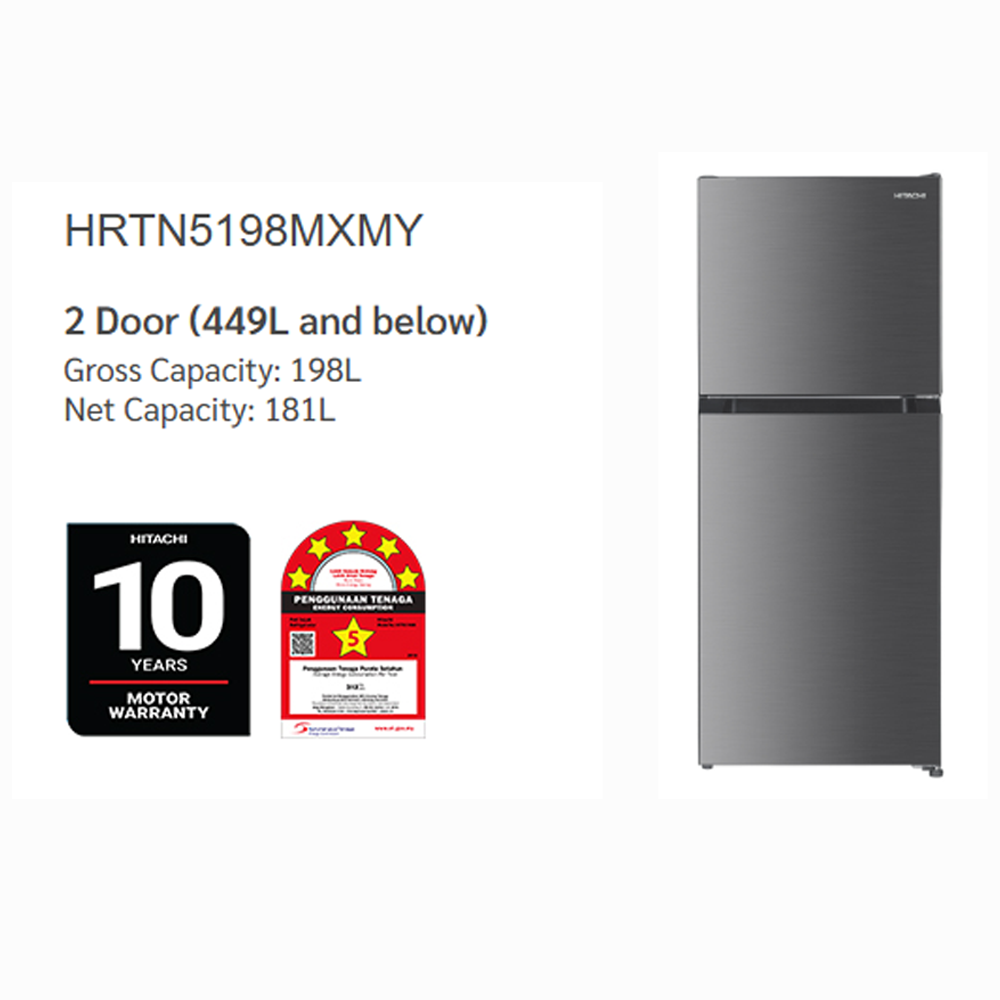 Hitachi 182L 2 Doors Top Mount Inverter Refrigerator HRTN5198MXMY |Tempered Glass Shelves| Quick Freezing