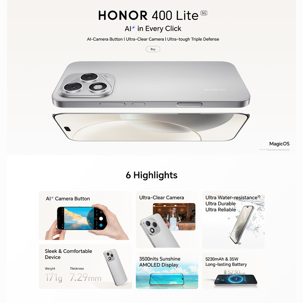 HONOR 400 Lite 12GB+256GB | AI Camera Button | Ultra-Clear Camera | 5230mAh & 35W Long-lasting Battery