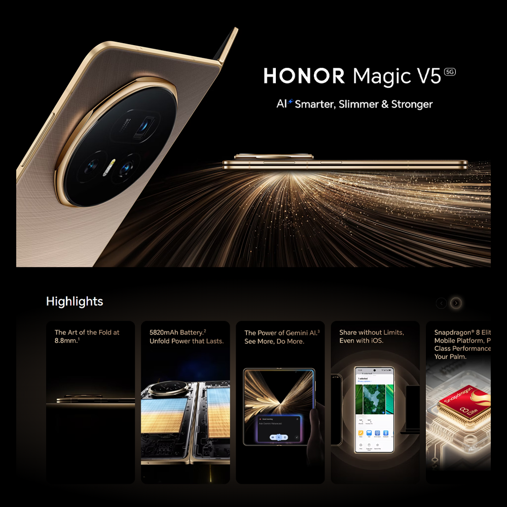 HONOR Magic V5 | 5,820mAh Silicon-Carbon Battery | AI-Powered Features | Falcon Camera System | Snapdragon 8 Elite