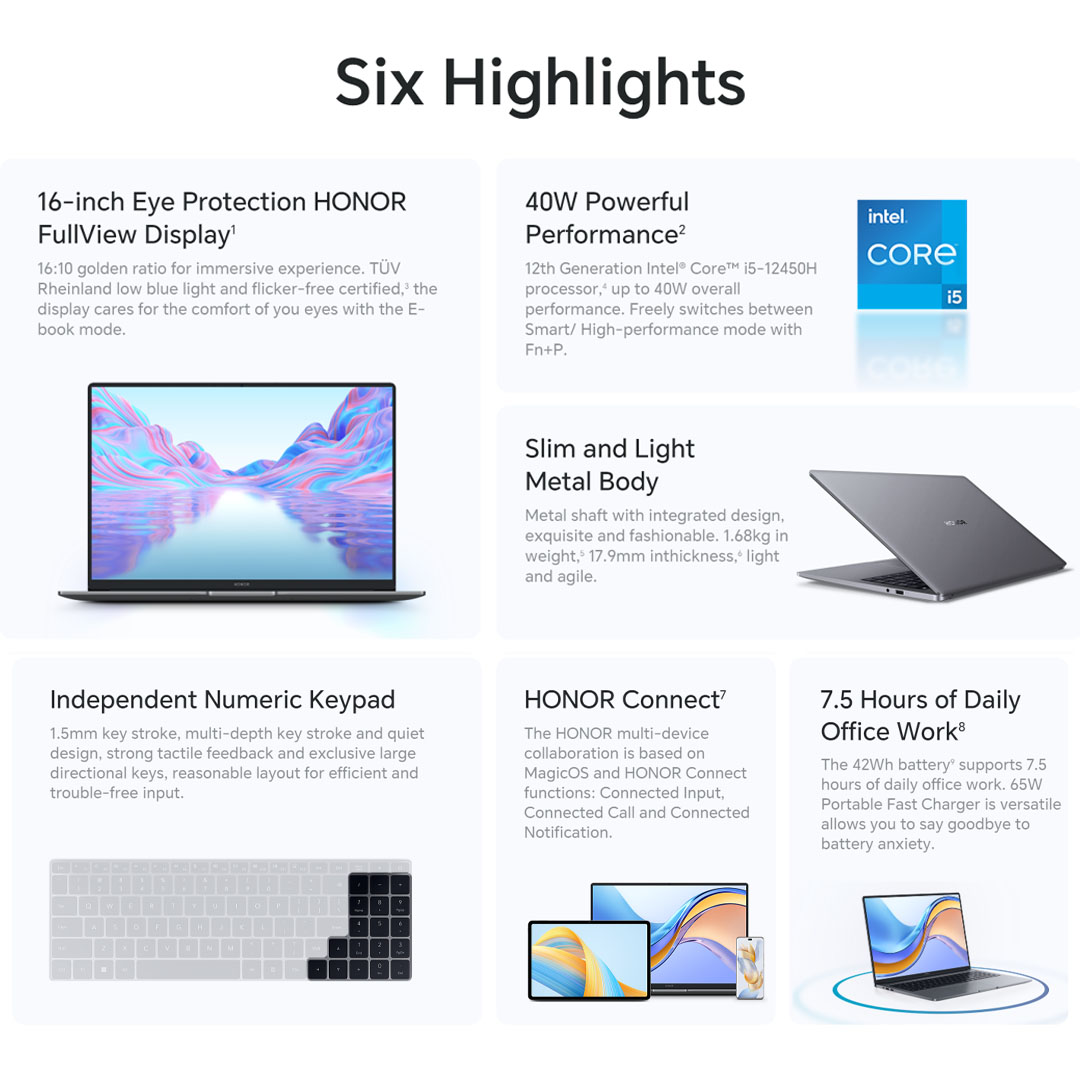 HONOR MagicBook X 16 16-inch 12th Generation Intel® Core™ i5-12450H Intel UHD Graphics | 65W Portable Fast Charger | Comfortable Reading | 7.5 Hours of Daily Office Work | Laptop with 1 Year Warranty