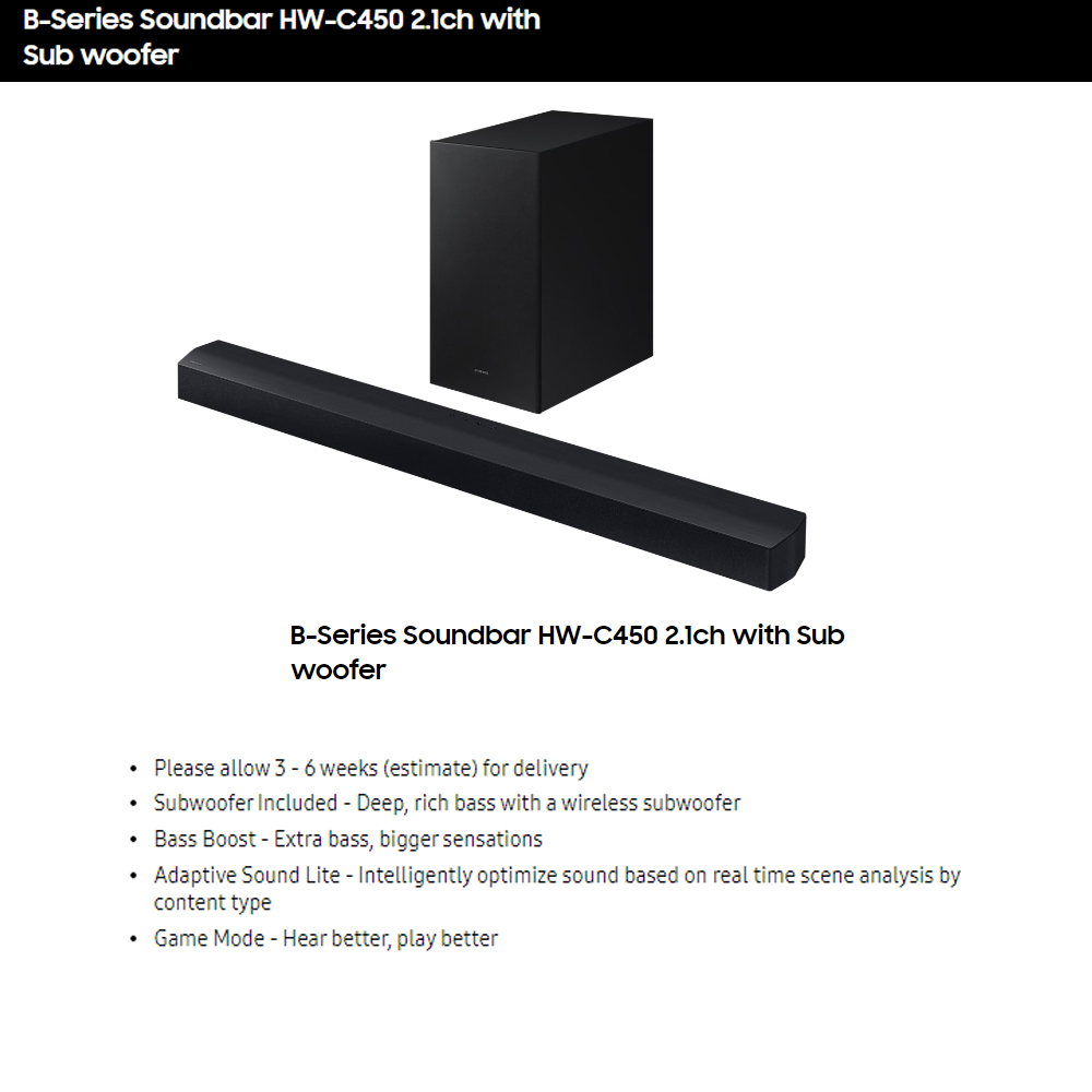 SAMSUNG 25W 2.1ch B-Series Soundbar with Subwoofer  HW-C450/XM | Subwoofer Included | Bass Boost | Adaptive Sound Lite | 1  Year General Warranty