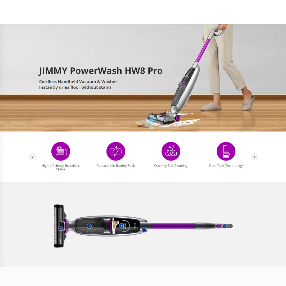 JIMMY 220W Cordless Handheld PowerWash Vacuum & Washer Stick HW8 | External Water Spray Outlet | Detachable Clean/Dirty Water Tank | Intelligent LED Display | Stick Vacuum with 1 Year Warranty