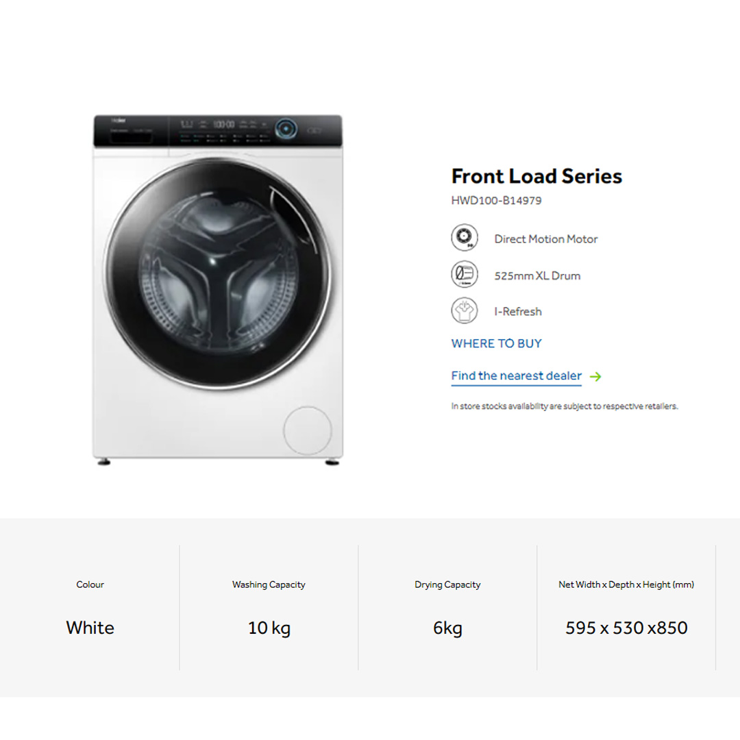 HAIER 10KG/6KG | 12KG/8KG Front Load DD Inverter Washer Dryer HWD100-B14979/HWD120-B14979 | Auto Lock Door | Add Wash | Door Cover | Quick Wash | I-Refresh | Touch | Smart Dual Spray | Washer Dryer with 1 Year Warranty