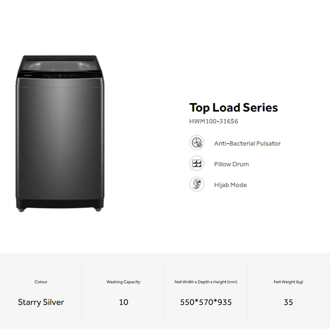 HAIER 10KG Top Load Non-Inverter Washing Machine Starry Silver HWM100-316S6 | Auto Restart | Anti-Bacterial Pulsator | Pillow Drum | Hijab Mode | Washing Machine with 2 Years Warranty
