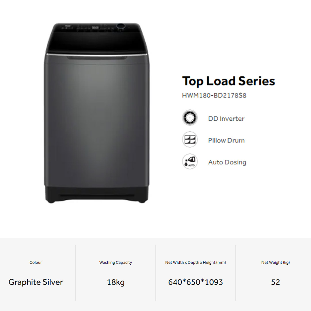 HAIER 18KG Top Load Inverter Washing Machine Graphite Silver HWM180-BD2178S8 |  DD Inverter | Pillow Drum | Auto Dosing | Washing Machine with 2 Years Warranty