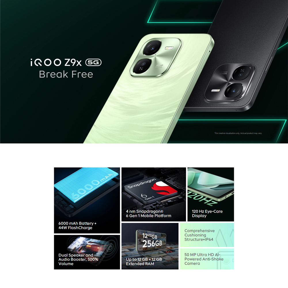IQOO Z9x 8GB+128GB  | 4 nm Snapdragon® 6 Gen 1 | 120 Hz Eye-Care Display | Dual Speaker and Audio Booster | 1  Year General Warranty
