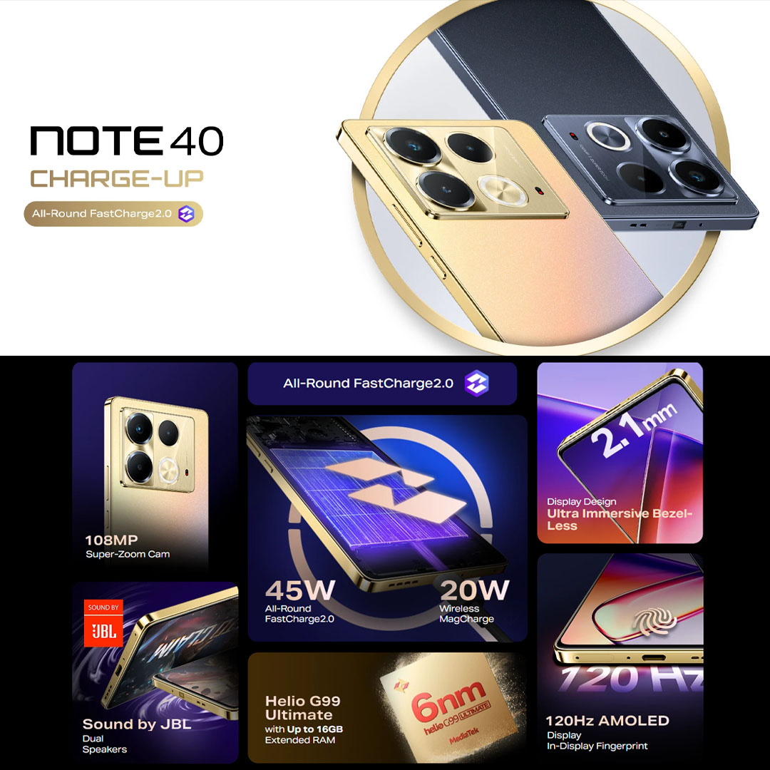 Infinix Note 40 8GB+256GB | Li-Po 5000mAh | 45W | 6.78 inches | Flexible AMOLED display | Mediatek Helio G99 Ultimate | Smartphone with 1 Year Manufacturer Warranty