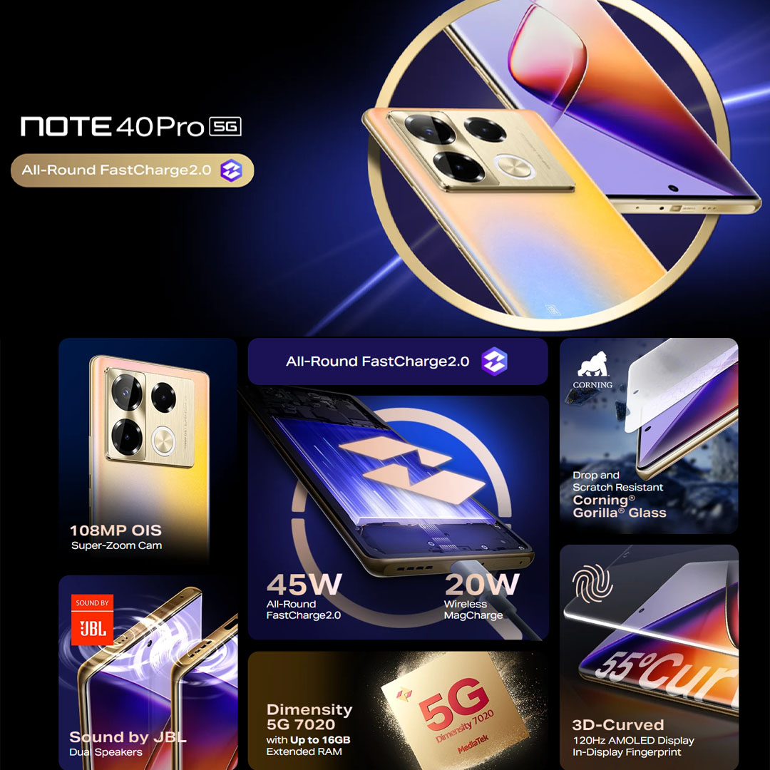 Infinix Note 40 PRO 8GB+256GB | 5000mAh | 45W | Android 14 | XOS 14 | 6.78 inches + AMOLED | Mediatek Dimensity 7020 (6 nm) | Smartphone with 1 Year Warranty