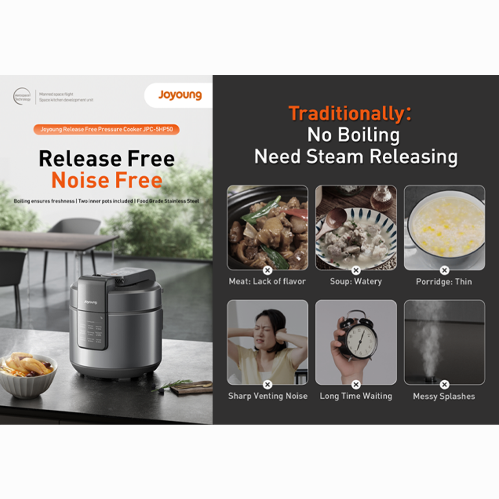 Joyoung 5L Dual-Turbo Air Cooling Release Pressure Cooker JPC-5HP50 | Quiet Operation | 12 Preset Cooking Menus | 3 Texture Settings