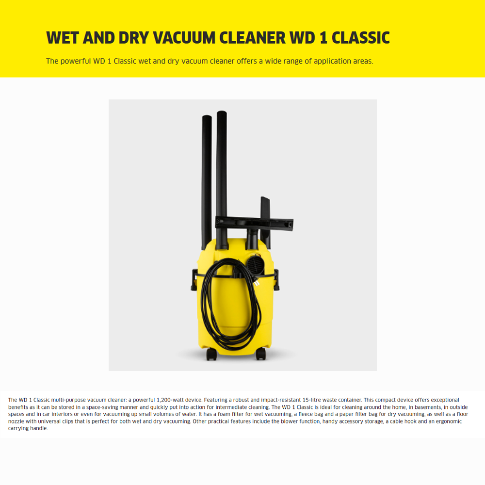 Karcher 1200W Wet & Dry Vacuum Cleaner Yellow | WD 1 Classic| Suitable for numerous uses | 15L plastic waste container | Practical blower function