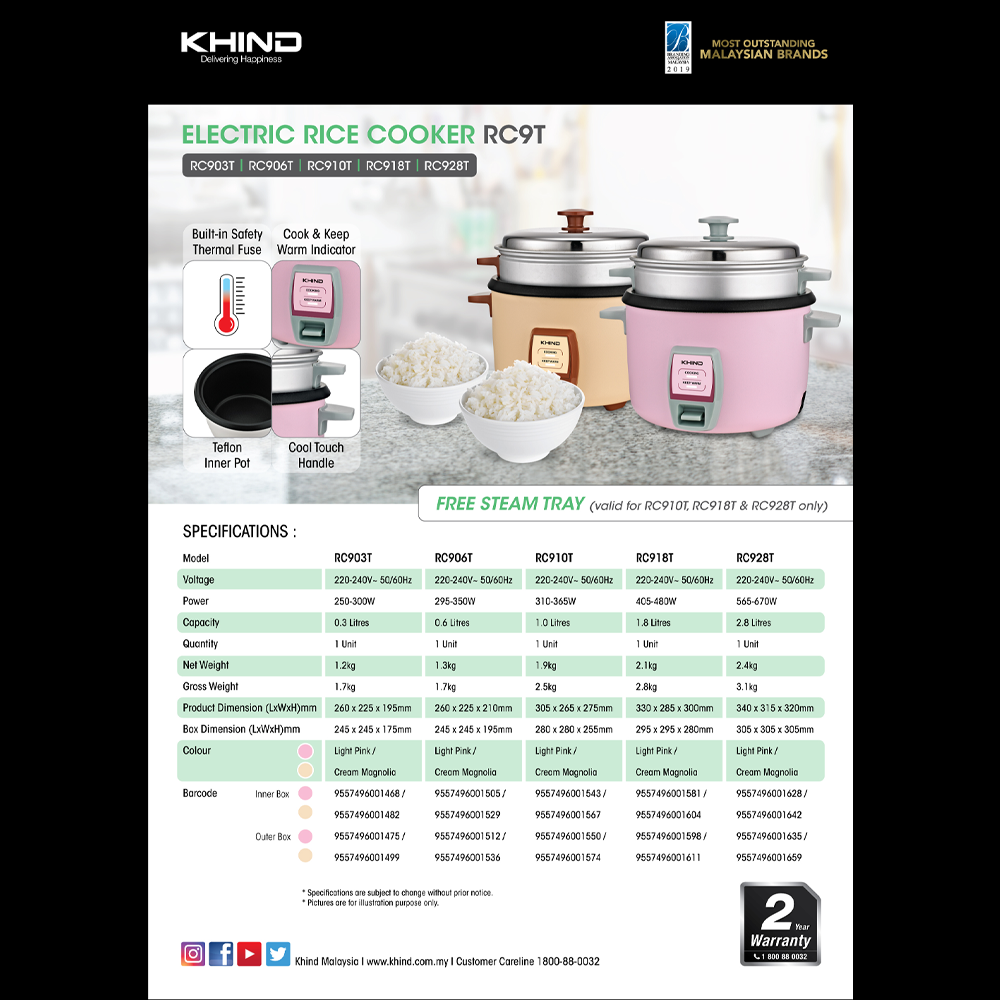 KHIND 0.6L / 1.0L / 1.8L / 2.8L Electric Rice Cooker RC906T / RC910T / RC918T / RC928T | Smart switch | Keep warm switch | Cool Touch Handle