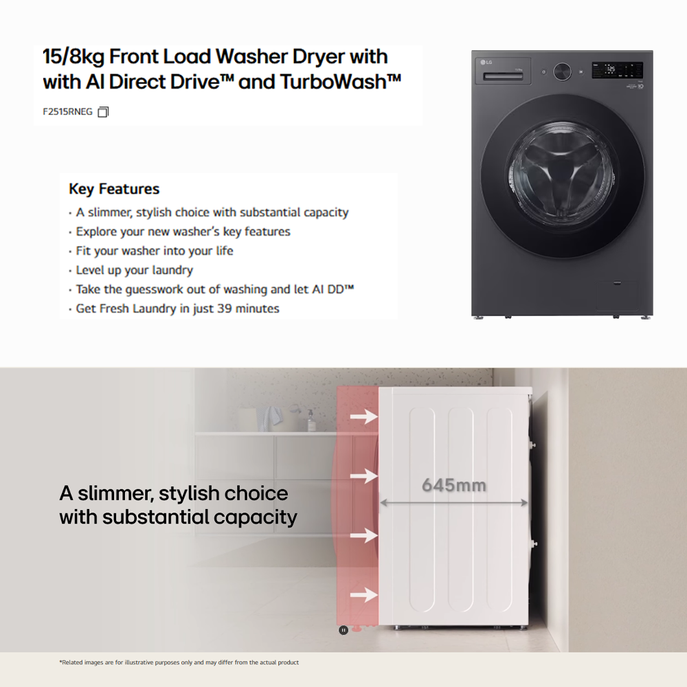LG 15KG/8KG Front Load Washer Dryer with AI Direct Drive F2515RNEG | TurboWash |  Deep-learning AI Inverter | Reduced Noise and Vibrations