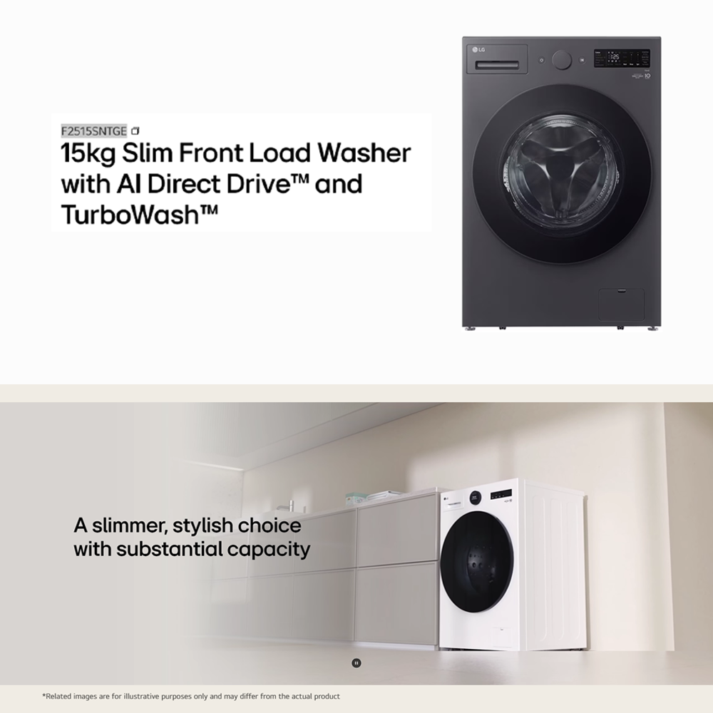 LazMallLG 15KG Slim Front Load Inverter Washing Machine with AI Direct Drive F2515SNTGE | AI Inverter Direct Drive | TurboWash 360 | Steam