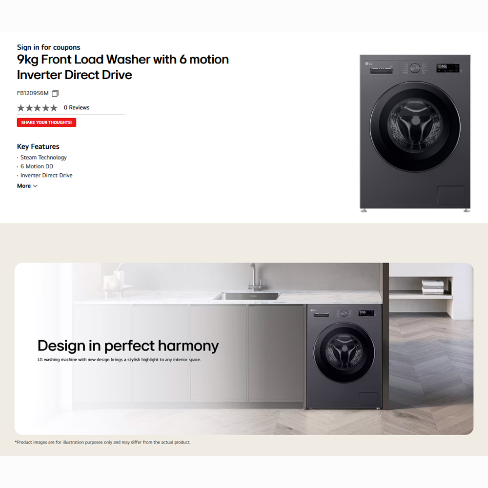 LG 9KG Front Load Washer with 6 Motion Inverter Direct Drive  FB1209S6M | Steam Technology | Tub Clean Washing Drum Cleaning Feature | Smart Diagnosis