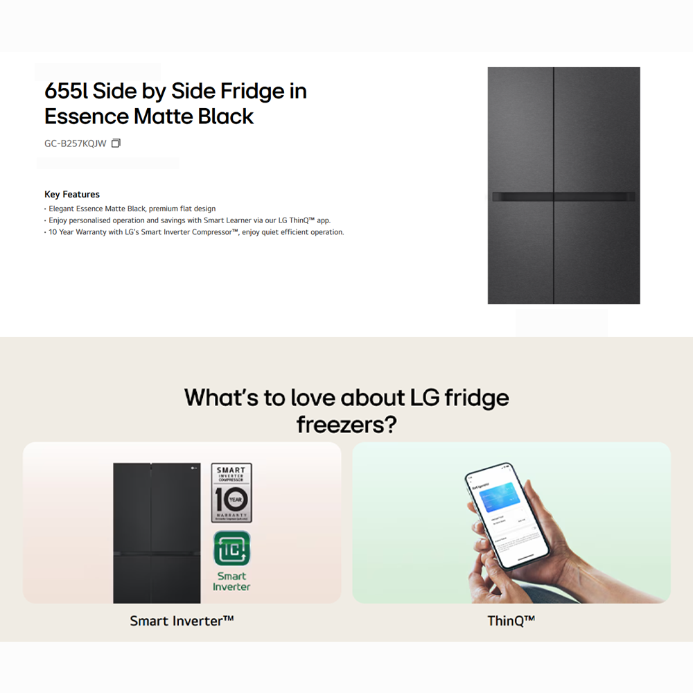 LG 655L Side-by-Side Smart Inverter Refrigerator Essence GC-B257KQJW | Smart Inverter Compressor | LinearCooling™ | Express Freezing