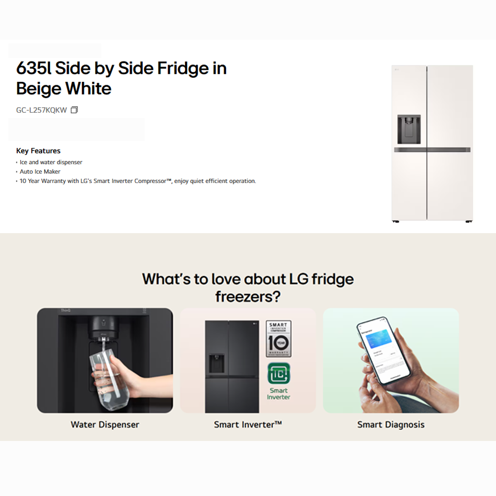 LG 635L Side by Side Inverter Refrigerator Beige GC-L257KQKW | Ice and water dispenser | Auto Ice Maker | Metal Fresh