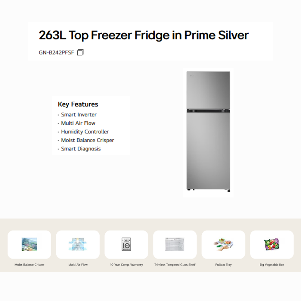 LG 263L 2 Doors Top Mount Smart Inverter Refrigerator GV-B242PLGB | Humidity Controller | Moist Balance Crisper | Smart Diagnosis | Refrigerator with 1 Year Warranty