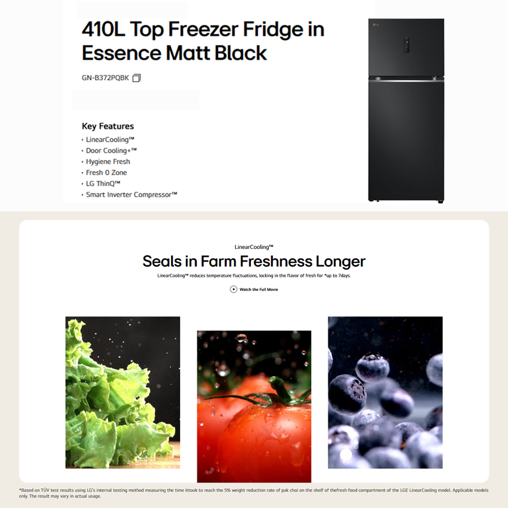 LG 410L 2 Doors Top Mount Smart Inverter Refrigerator GN-B372PQBK | Door Cooling+™ | Hygiene Fresh | Fresh 0 Zone