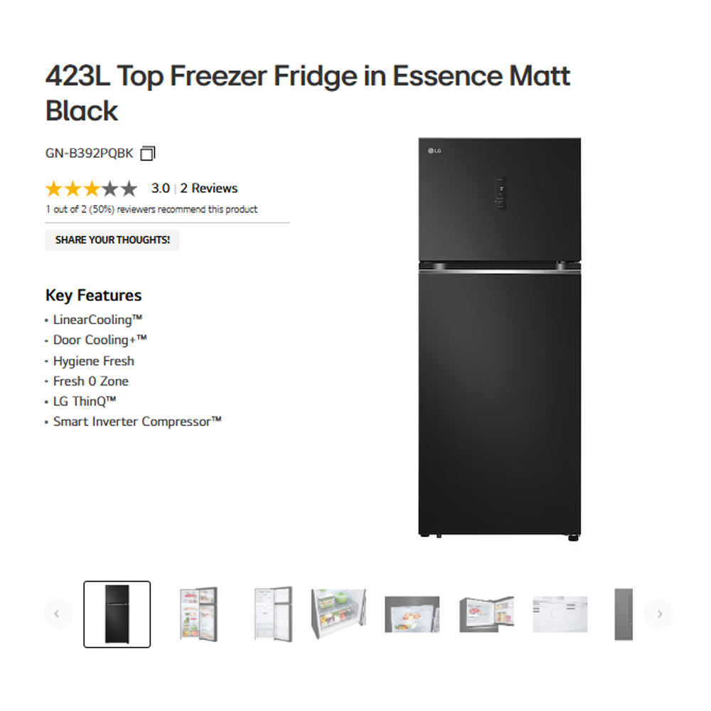 LG 423L 2 Doors Top Mount Smart Inverter Refrigerator GN-B392PQBK | LinearCooling™ | Door Cooling+™ | Hygiene Fresh