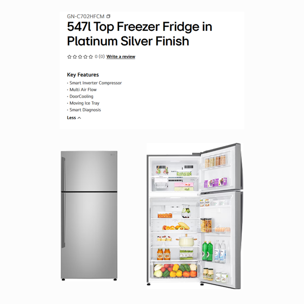 LG 547L 2 Doors Top Mount Smart Inverter Refrigerator GN-C702SGGM/GN-C702HFCM | Multi Air Flow | Door Cooling | Door Alarm | Refrigerator with 1 Year Warranty