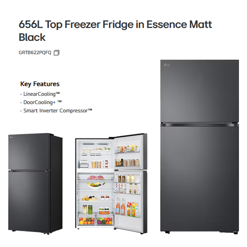 LG 656L 2 Doors Top Mount Smart Inverter Refrigerator GRTB622PQFQ | LinearCooling™ | DoorCooling+ ™ | Smart Inverter Compressor™ | Fresh 0 Zone