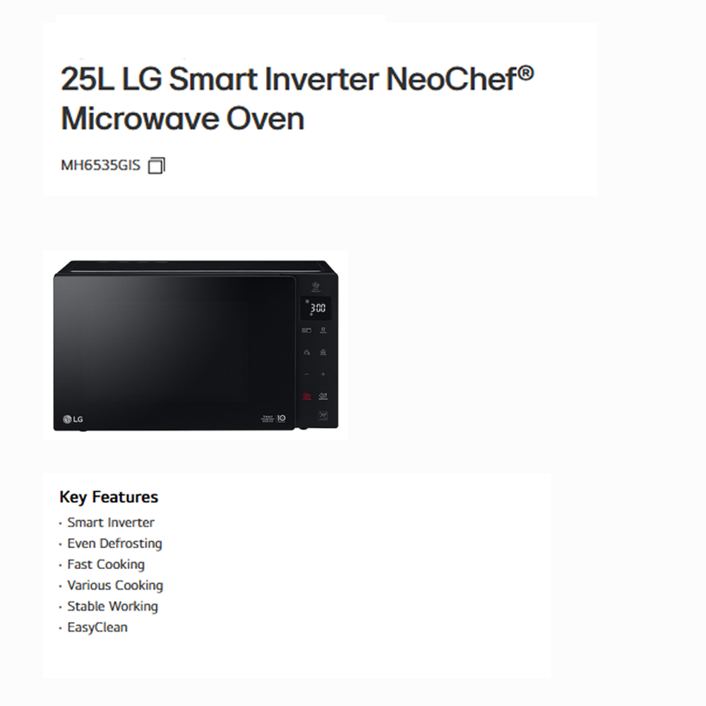 LG 25L NeoChef Smart Inverter Grill Microwave Oven MH6535GIS | Smart Inverter | EasyClean | Fast Cooking