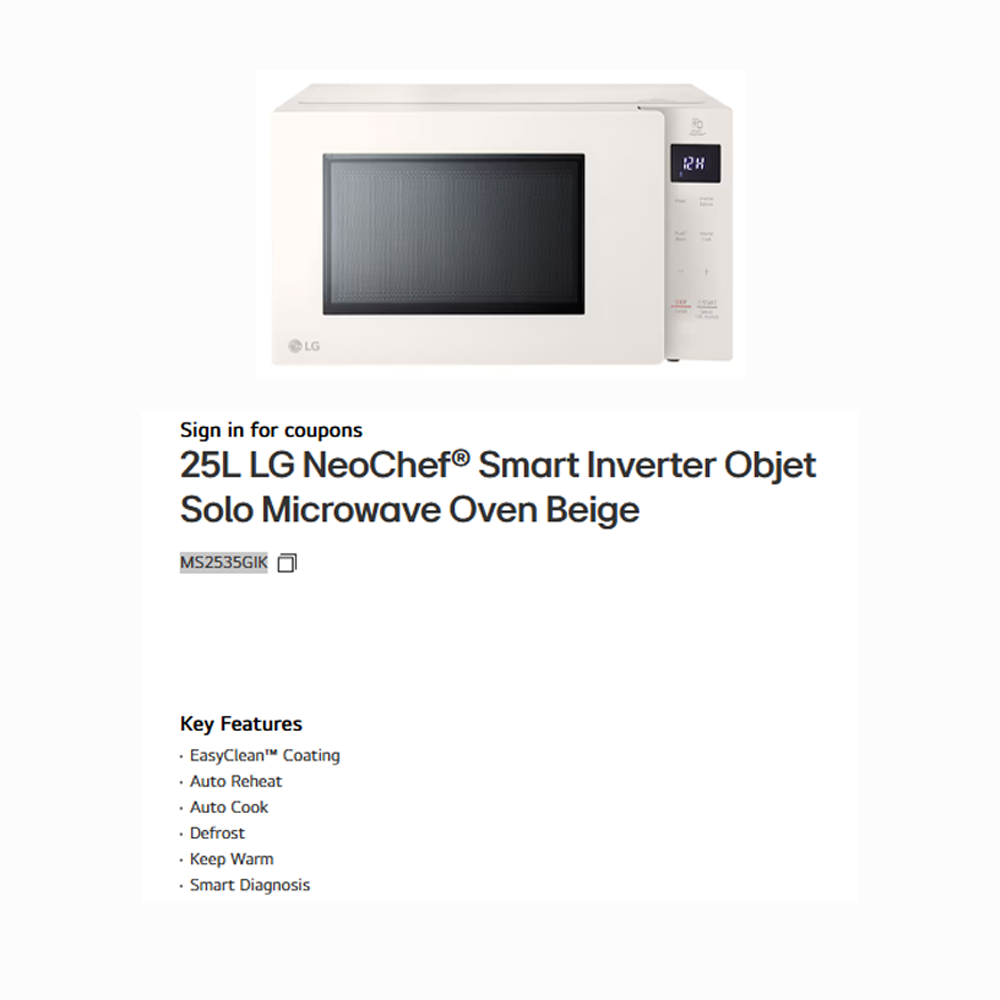 LG 25L NeoChef Smart Inverter Objet Solo Microwave Oven MS2535GIK | Auto Reheat | EasyClean™ Coating | Keep Warm