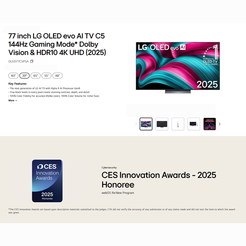 LG 48"/55"/65"/77"/83" 4K UHD OLED evo AI C5 Smart TV OLED48C5PSA|OLED55C5PSA|OLED65C5PSA|OLED77C5PSA|OLED83C5PSA | AI Processor 4K Gen8 | Dolby Vision / HDR10 / HLG
