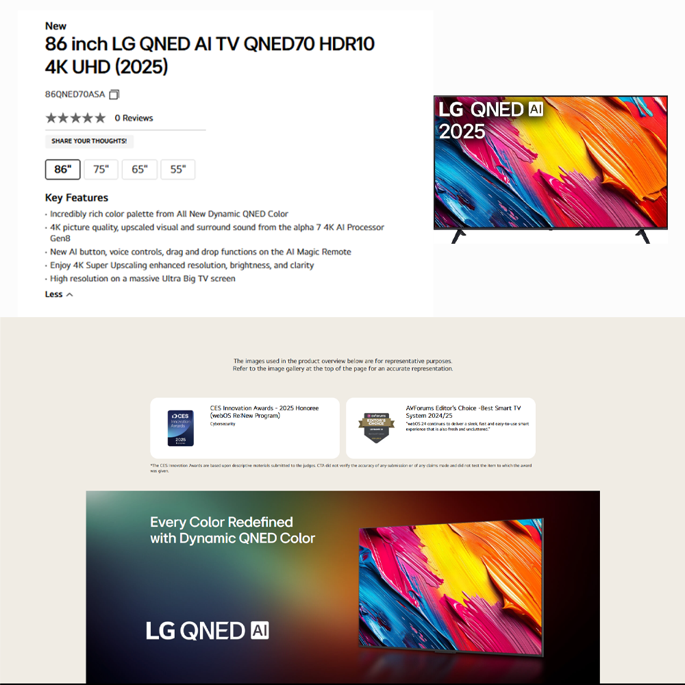 LG 55" / 65"/ 75" / 86" 4K UHD QNED AI QNED70 Smart TV |