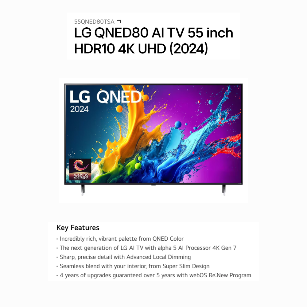 LG 55"/65"/75" QNED80 AI 4K UHD LED Smart TV QNED80TSA | 4K Upscaling | Dynamic Tone | HDR10 / HLG Mapping | AI Sound Pro