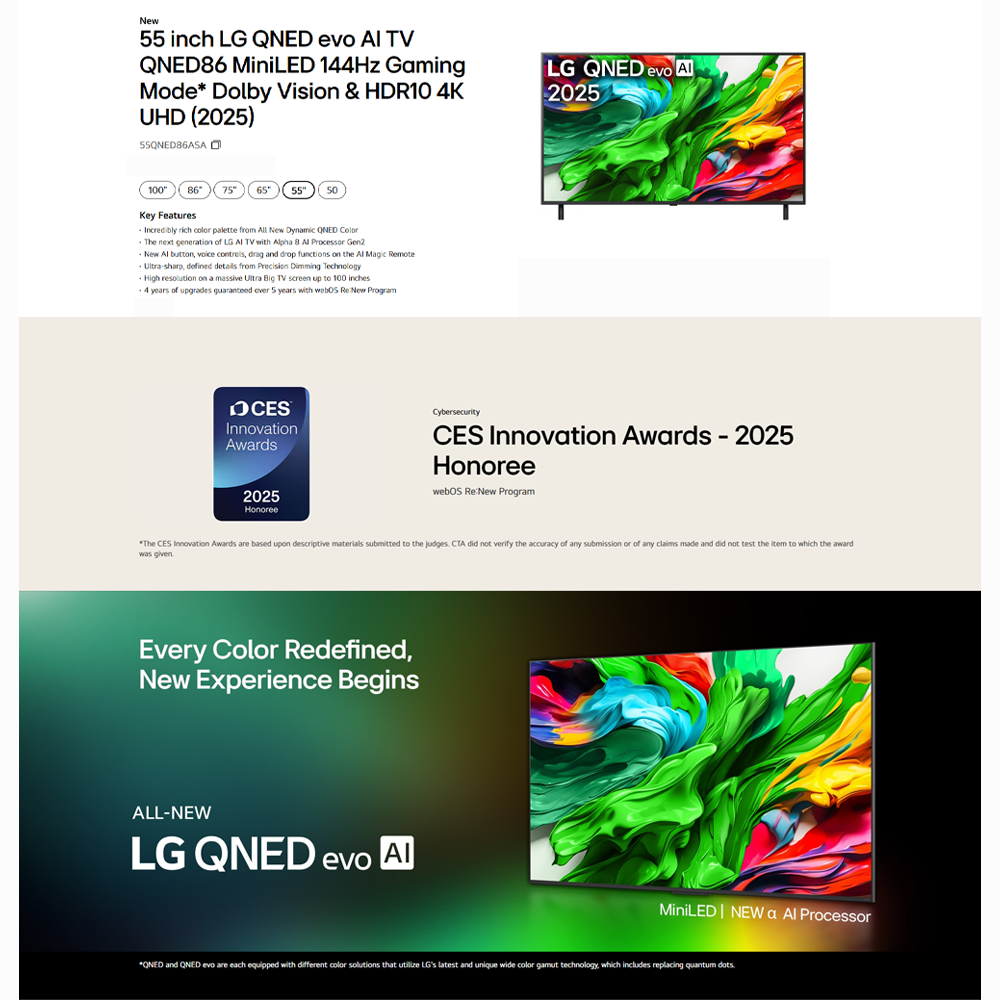 LG 55"/65"/75"/86"/100" 4K UHD QNED evo AI MiniLED Smart TV QNED86AS | Alpha 8 AI Processor Gen2 | Dynamic QNED Colour | Dolby Vision / HDR10 / HLG