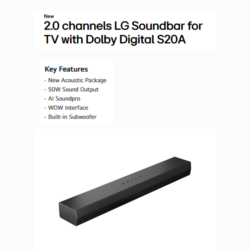 LG 50W 2.0ch Compact All-In-One Soundbar S20A | Dolby Digital | 2.0ch Acoustic Package | AI Sound Pro | TV Sound mode share