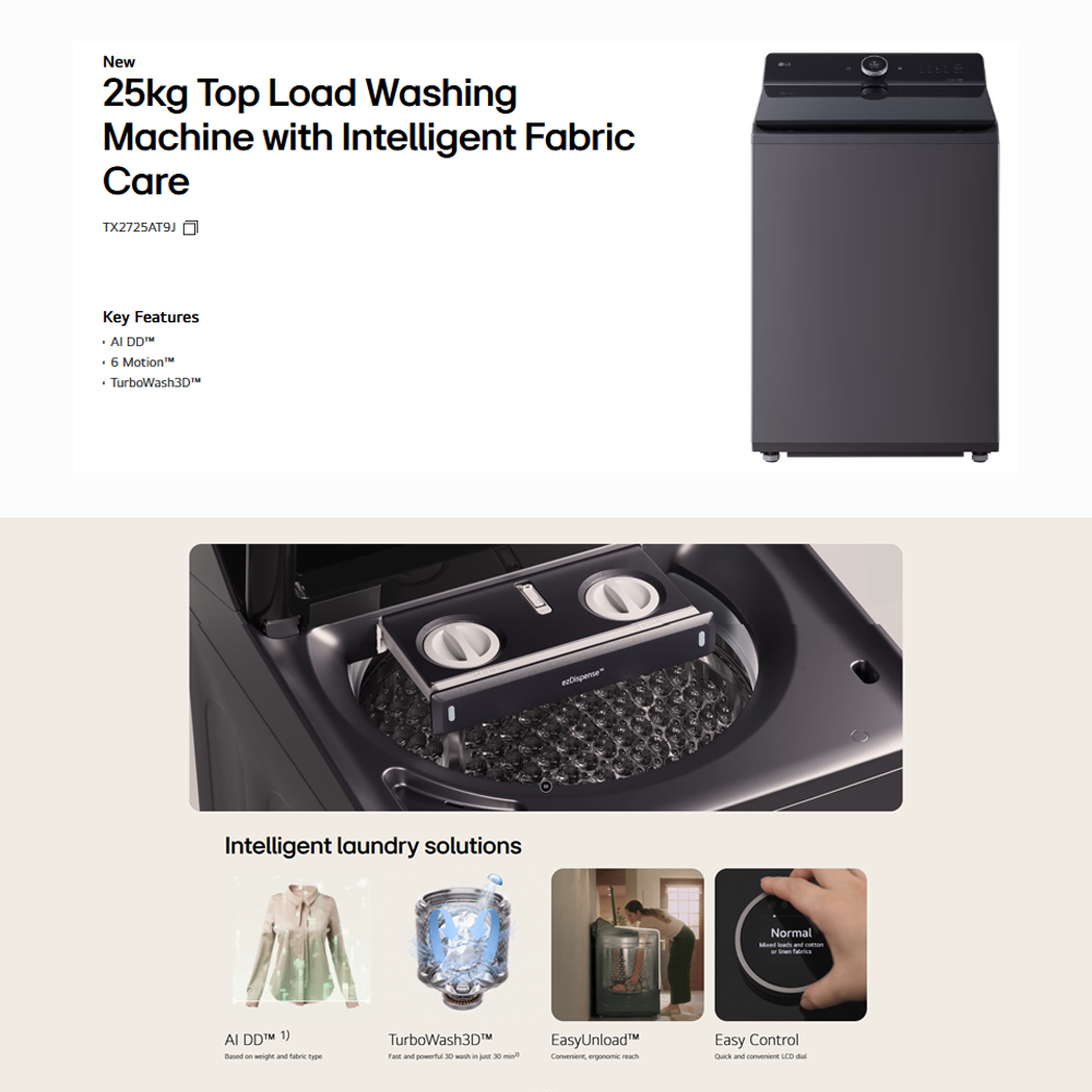 LG 25KG Top Load Direct Drive Inverter Washing Machine TX2725AT9J | AI Direct Drive | TurboClean 3D | Informative LCD Display | 6 Motion DD