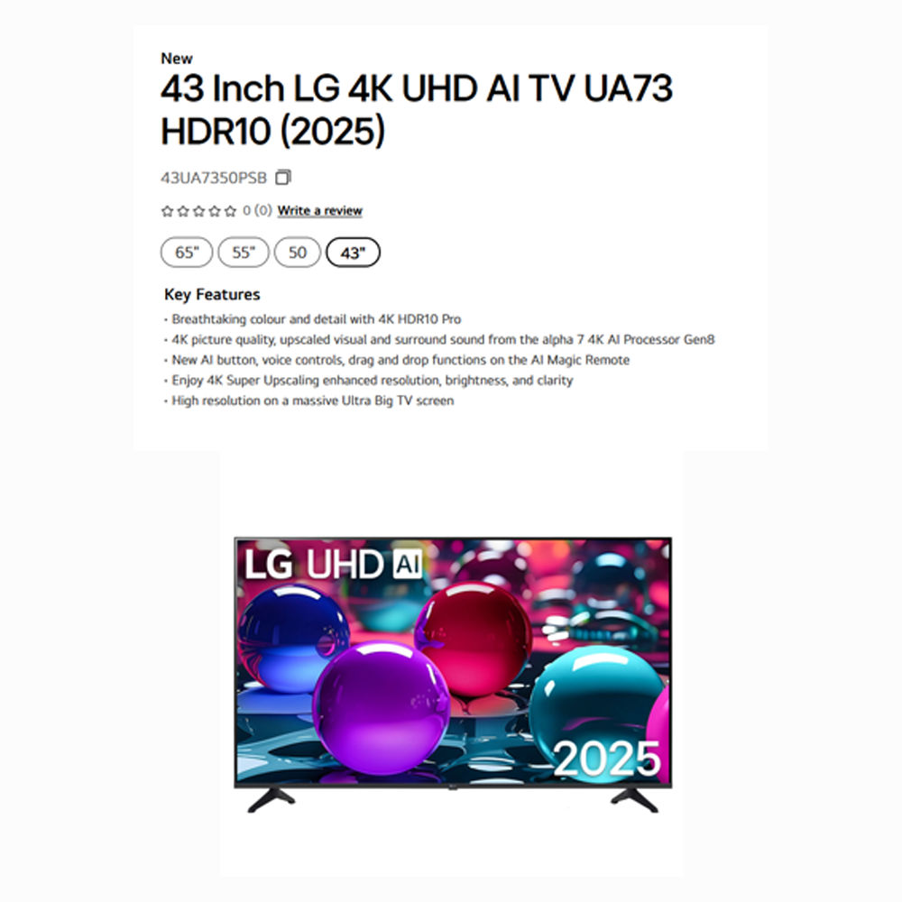 LG 43"/ 50"/ 55"/65" 4K UHD AI TV UA73 Smart TV 43UA7350PSB|50UA7350PSB|55UA7350PSB|65UA7350PSB | AI Magic Remote | AI Processor Gen8 |  HDR10 Pro