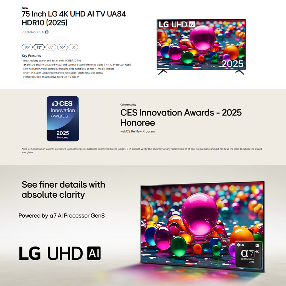 LG 75"/86" 4K UHD AI TV UA84 Smart TV 75UA8450PSA/ 86UA8450PSA | 4K HDR10 Pro | 7 4K AI Processor Gen8 | AI Sound Pro | FILMMAKER MODE