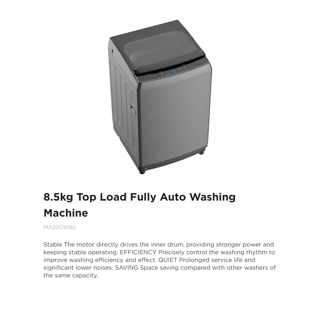 Midea 8.5KG Top Load Washing Machine MA200W85 | Ergo Design | Soft Close Lid | Auto Stop | Child Lock | Turbo | Washing Machine with 2 Year Warranty
