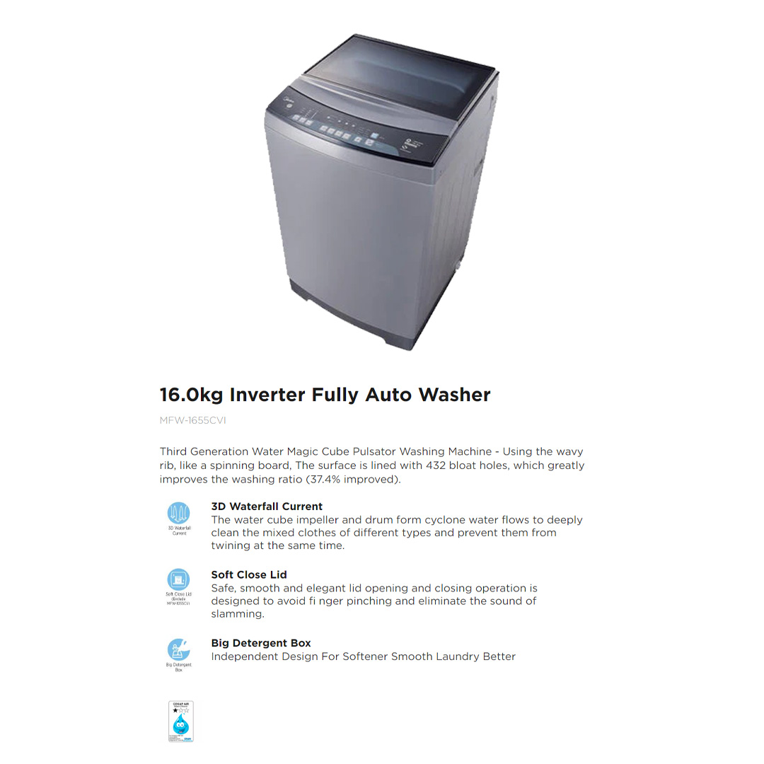 Midea 16KG Inverter Top Load Washing Machine MFW-1655CVI | 3D Waterfall Current | Soft Close Lid | One Touch Wash | Big Detergent Box | Washing Machine with 2 Years Warranty