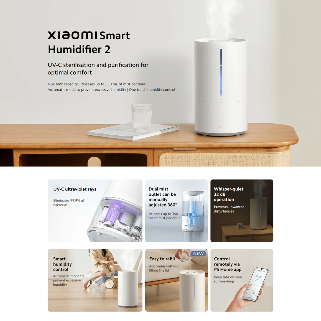 Xiaomi 4.5L Smart Humidifier 2 MJJSQ05DY | Releases Up to 350ml of Mist Per Hour | One Touch Humidity Control | Humidifier with 1 Year Warranty