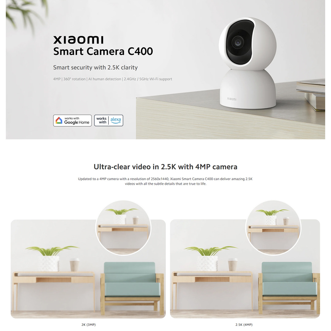 Xiaomi 1440P Smart Camera C400 MJSXJ11CM | Ultra-clear Video in 2.5K with 4MP Camera | 360° Rotation for Full Coverage | AI-driven Human Detection and Tracking | Smart Camera with 1 Year Warranty