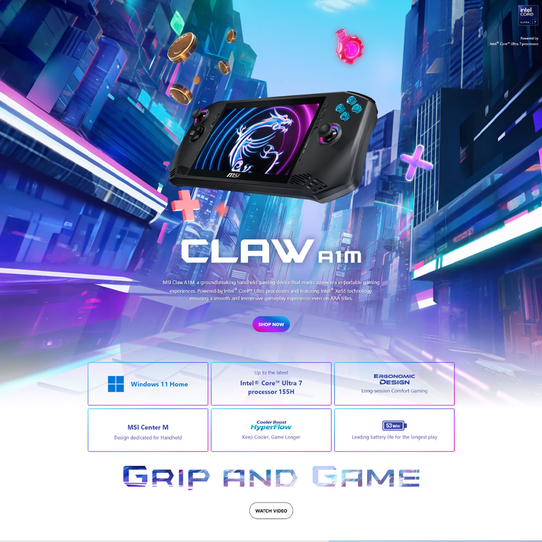 MSI 7" Claw A1M Handheld Portable Gaming | Windows 11 Home | 65W PD Adapter | Wi-Fi 7 + Bluetooth 5.4 | Up to Intel Core Ultra 7 Processor with Intel AI Boost (NPU) | Portable Gaming with 1 Year Warranty