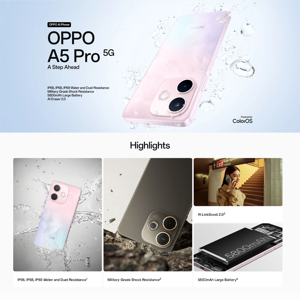 OPPO A5 Pro 5G 8GB+256GB | 6.67 inch | 50MP Main Camera | Dual Sims | Mediatek Dimensity 6300 (6 nm) | Li-Po 5800 mAh,Fast charging 45W
