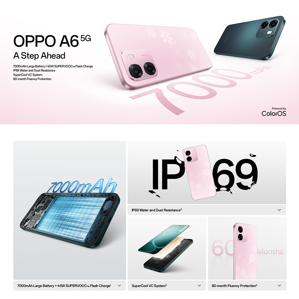 OPPO A6 5G 8GB+256GB / 8GB+512GB | 7000mAh Large Battery + 45W SUPERVOOCTM Flash Charge | IP69 Water and Dust Resistance | SuperCool VC System | 60-month Fluency Protection